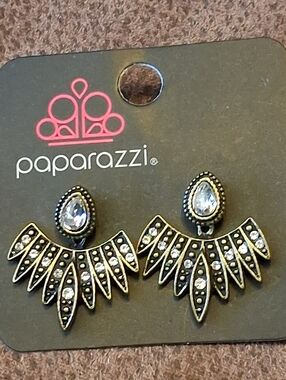 paparazzi Brass Tone Convertible Rhinestone Fan Jacket Earrings